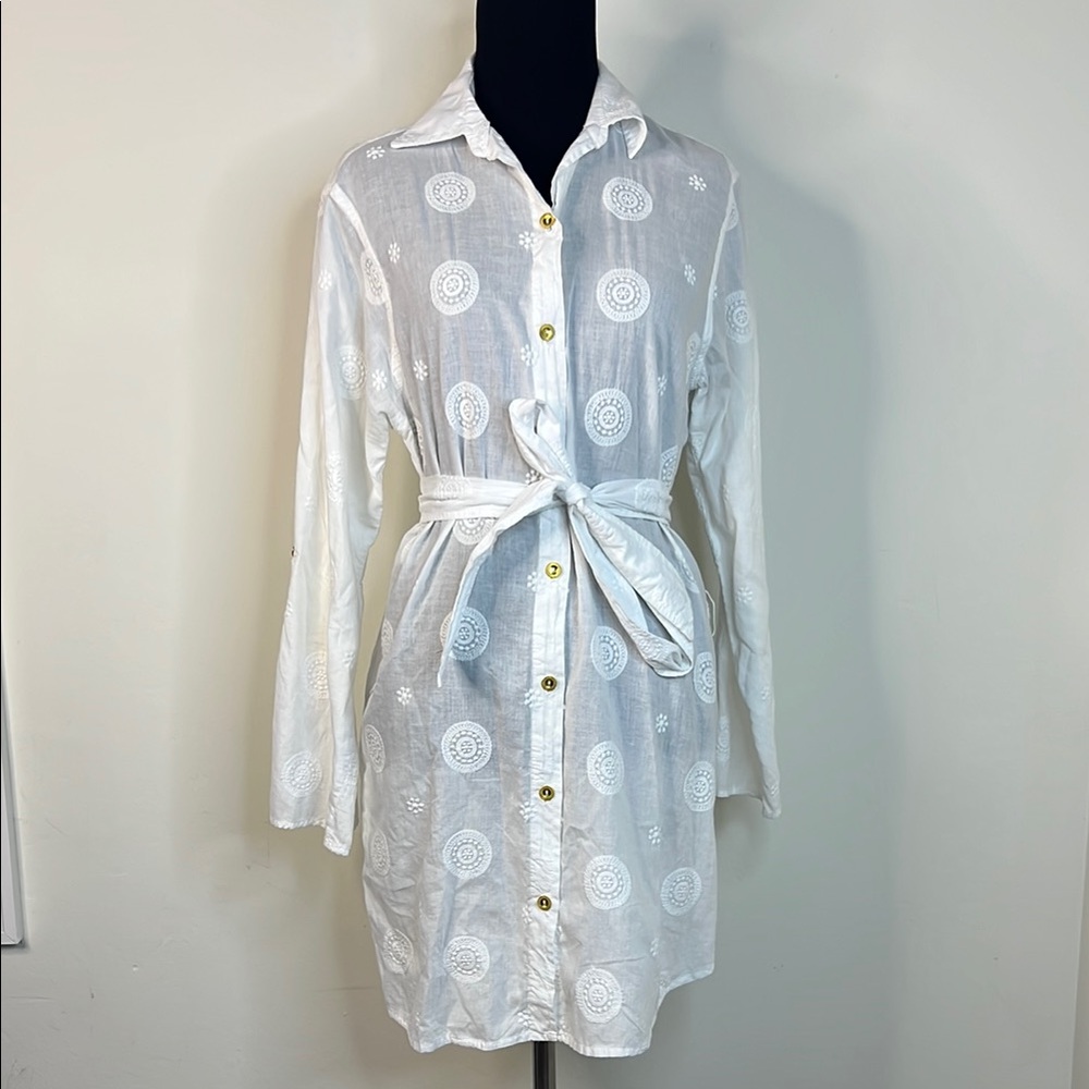 HELEN JON White Button-Down embroidered Shirt Dress S